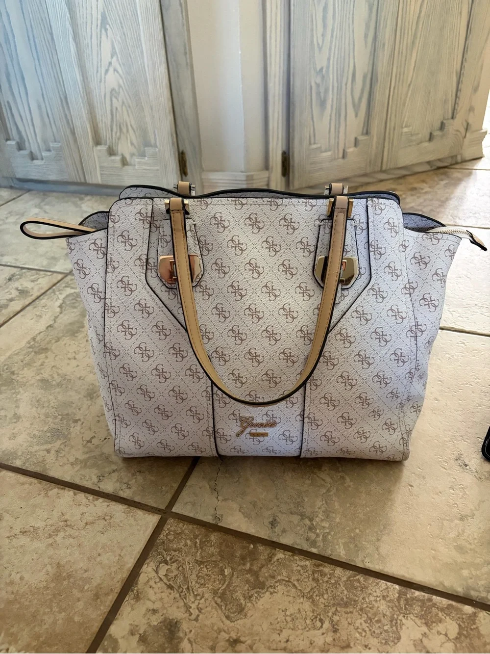 GUESS Cream and Brown Logo-Print Tote
